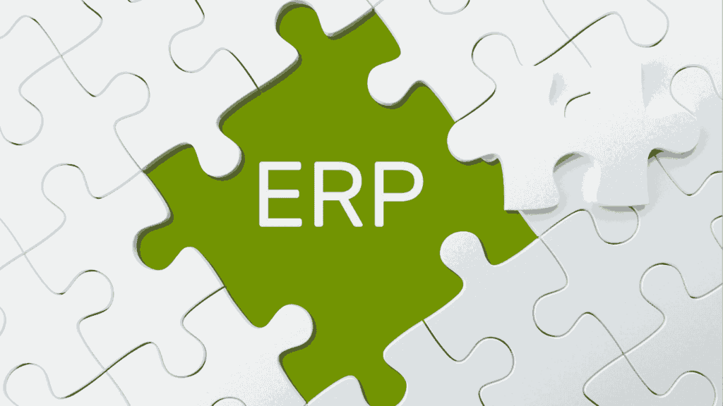 ERP in the green puzzle piece surrounded by white puzzle pieces.