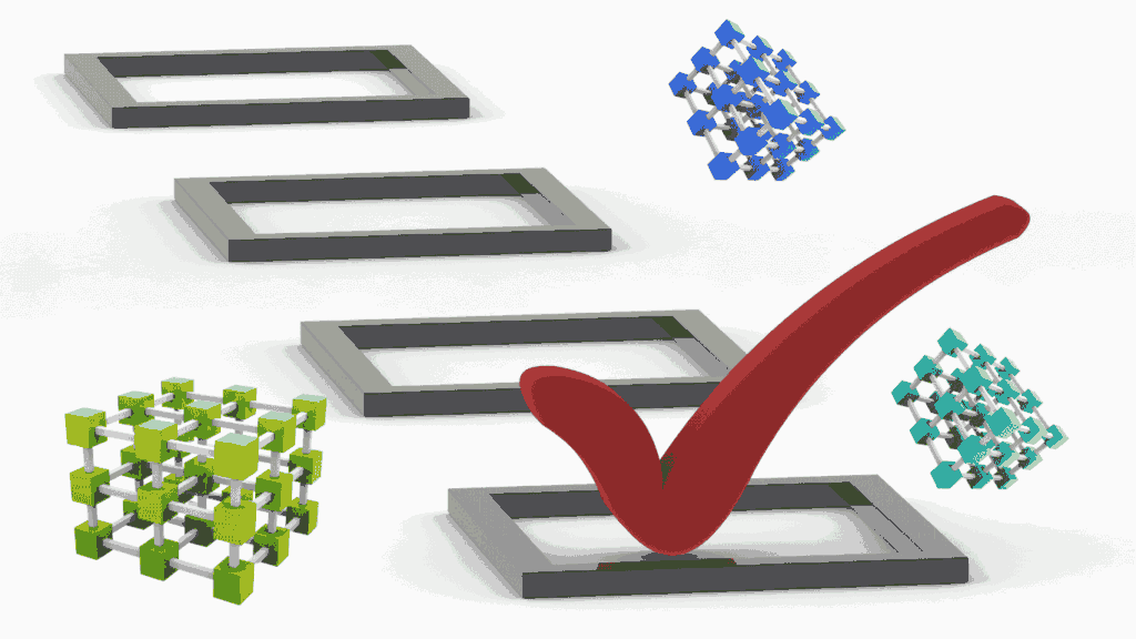 Checklist with 3D geometric shapes illustrating ERP software selection