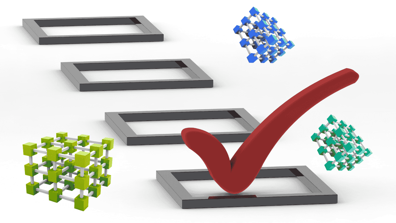 Checklist with 3D geometric shapes illustrating ERP software selection