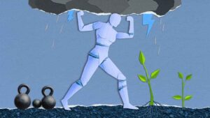 Illustration of a strong figure holding up a storm cloud with lightning while green plants grow, symbolizing overcoming ERP migration challenges and enabling growth.