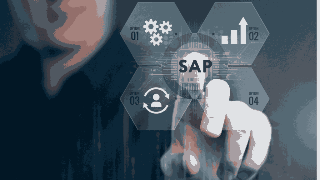 Touchscreen interface with technology icons showing SAP at the center