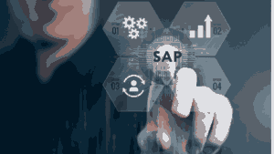 Touchscreen interface with technology icons showing SAP at the center
