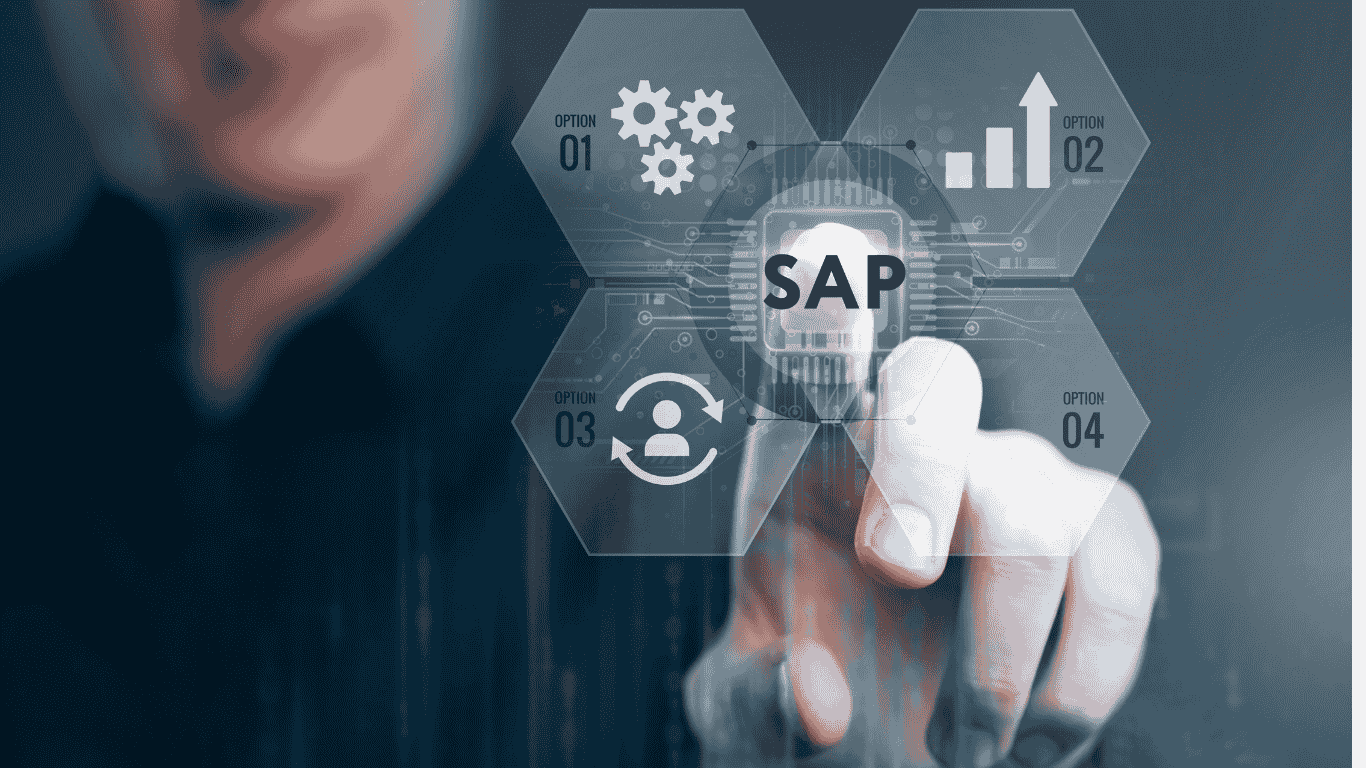 Touchscreen interface with technology icons showing SAP at the center