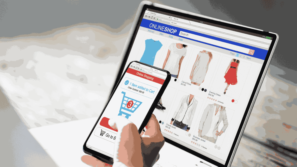 Shopping online using mobile and tablet demonstrating eCommerce storefront