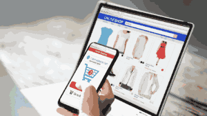 Shopping online using mobile and tablet demonstrating eCommerce storefront