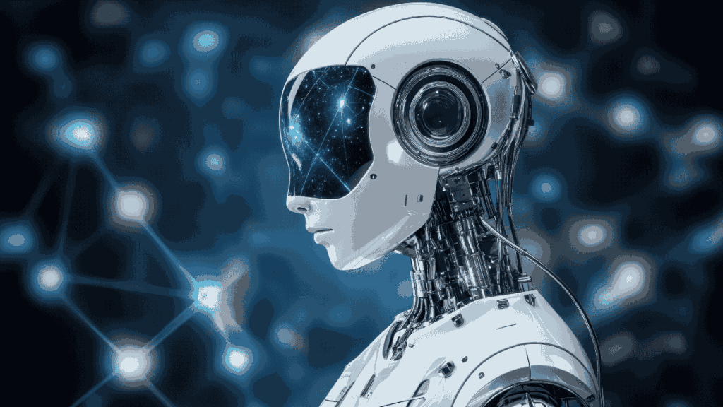 Futuristic robot with starry interface.
