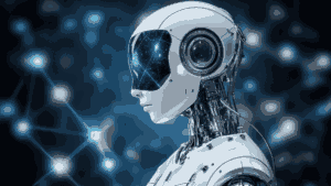 Futuristic robot with starry interface.