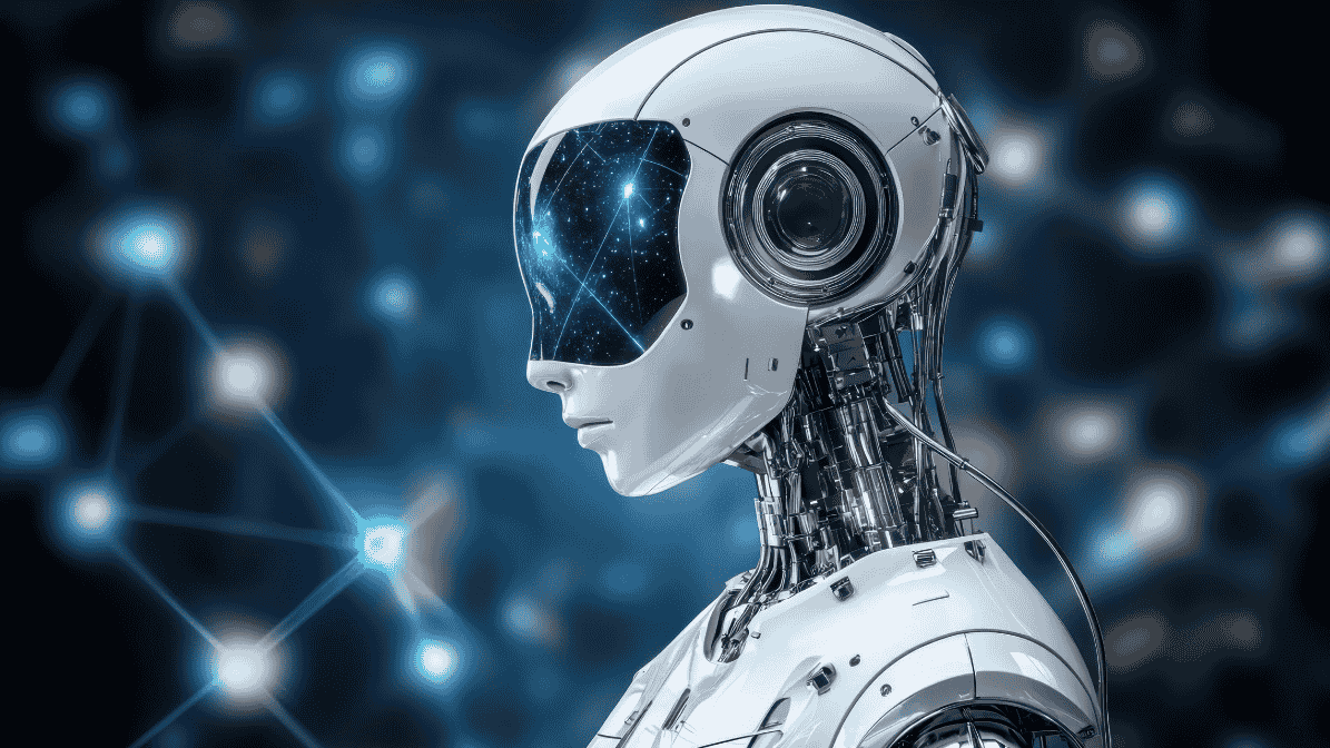 Futuristic robot with starry interface.